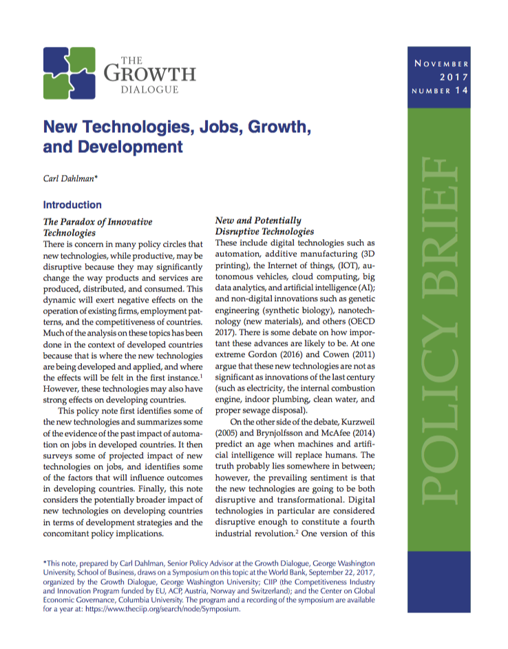 New Technologies, Jobs, Growth, and Development